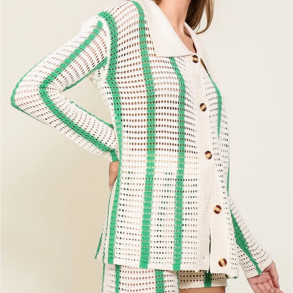 Lumiere Green and Cream Striped Cardigan - Picture 2 of 4